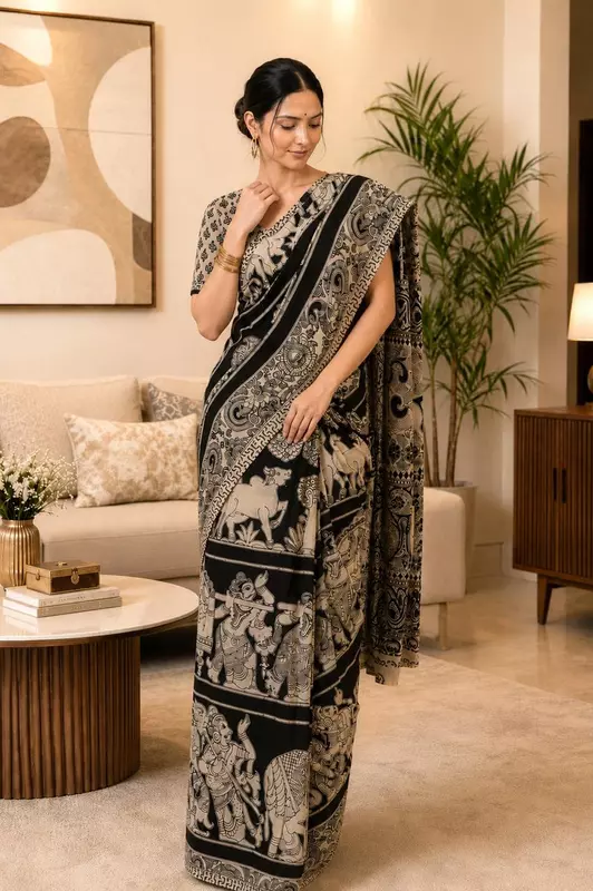 Women's Premium Black & Beige Kalamkari Saree with Blouse Piece | Traditional Printed Ethnic Saree