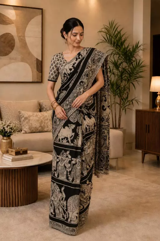 Women's Premium Black & Beige Kalamkari Saree with Blouse Piece | Traditional Printed Ethnic Saree