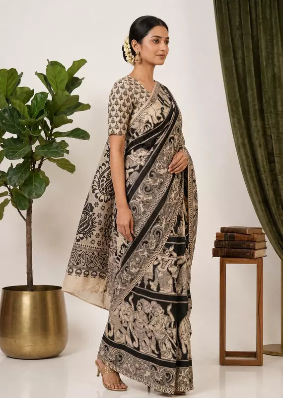 Women's Premium Black & Beige Kalamkari Saree with Blouse Piece | Traditional Printed Ethnic Saree