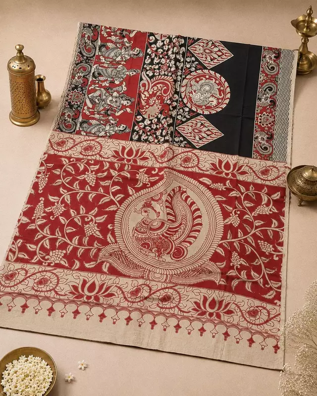Women's Premium Kalamkari Saree with Blouse Piece | Red & Black Traditional Printed Saree
