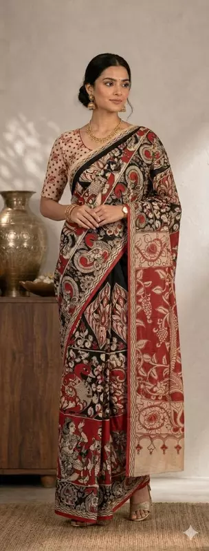 Women's Premium Kalamkari Saree with Blouse Piece | Red & Black Traditional Printed Saree