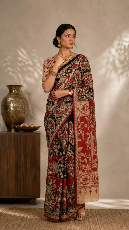 Women's Premium Kalamkari Saree with Blouse Piece | Red & Black Traditional Printed Saree