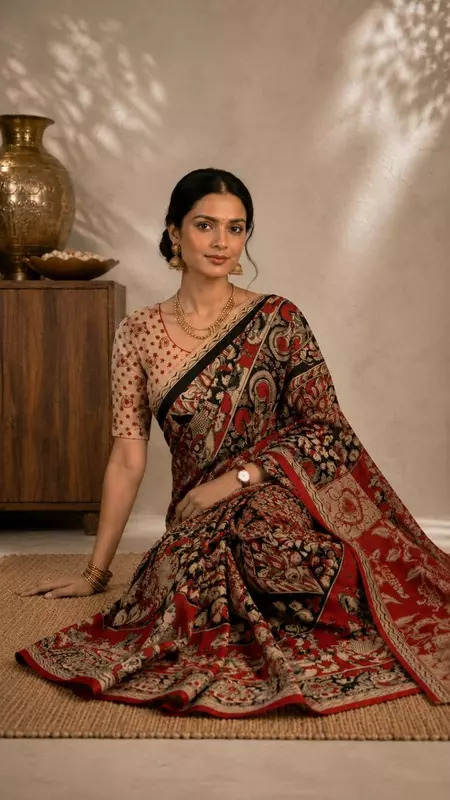 Women's Premium Kalamkari Saree with Blouse Piece | Red & Black Traditional Printed Saree