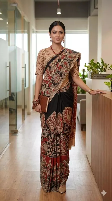 Women's Premium Kalamkari Saree with Blouse Piece | Red & Black Traditional Printed Saree