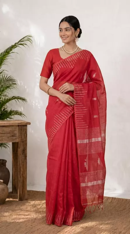 Women's Cotton Silk Plain Saree | Elegant Red Saree without Blouse
