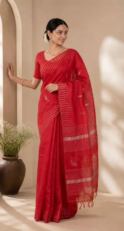 Women's Cotton Silk Plain Saree | Elegant Red Saree without Blouse
