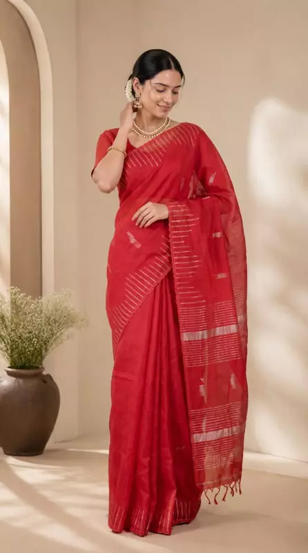 Women's Cotton Silk Plain Saree | Elegant Red Saree without Blouse