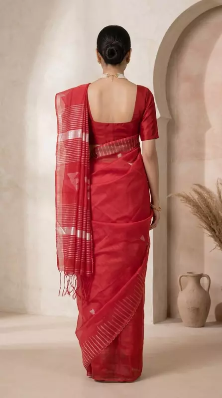 Women's Cotton Silk Plain Saree | Elegant Red Saree without Blouse