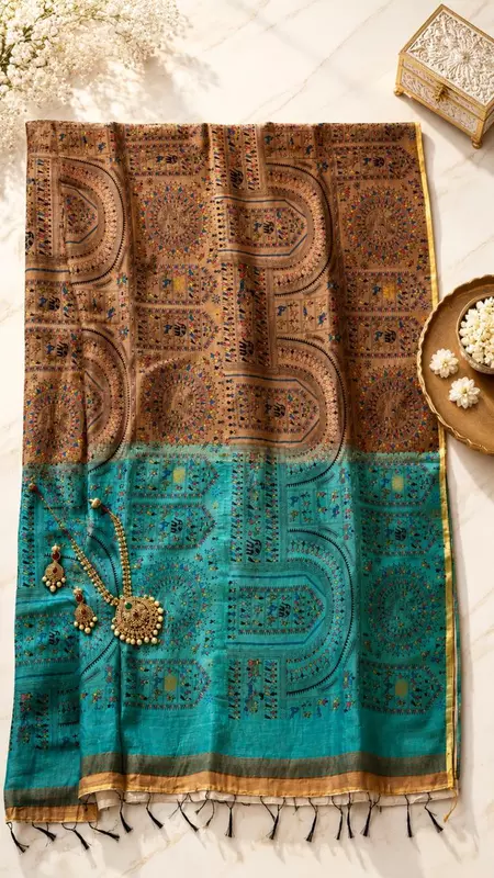 Women's Cotton Silk Printed Saree with Blouse Piece | Brown & Turquoise Heritage Saree