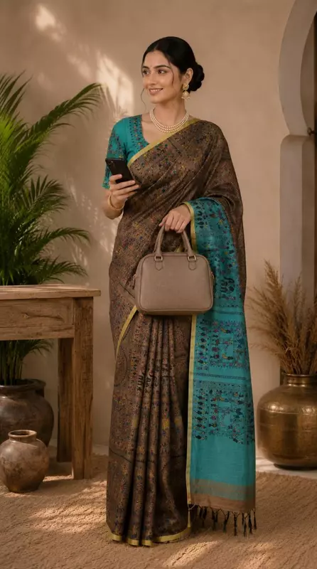 Women's Cotton Silk Printed Saree with Blouse Piece | Brown & Turquoise Heritage Saree