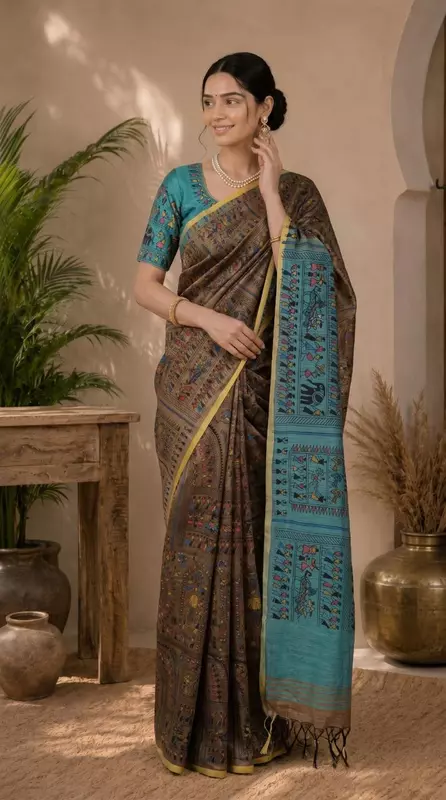 Women's Cotton Silk Printed Saree with Blouse Piece | Brown & Turquoise Heritage Saree