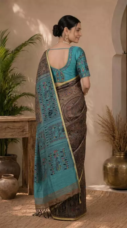 Women's Cotton Silk Printed Saree with Blouse Piece | Brown & Turquoise Heritage Saree