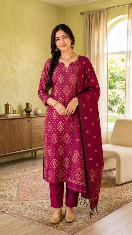 Magenta Cotton Unstitched 2-Piece Dress Material with Dupatta