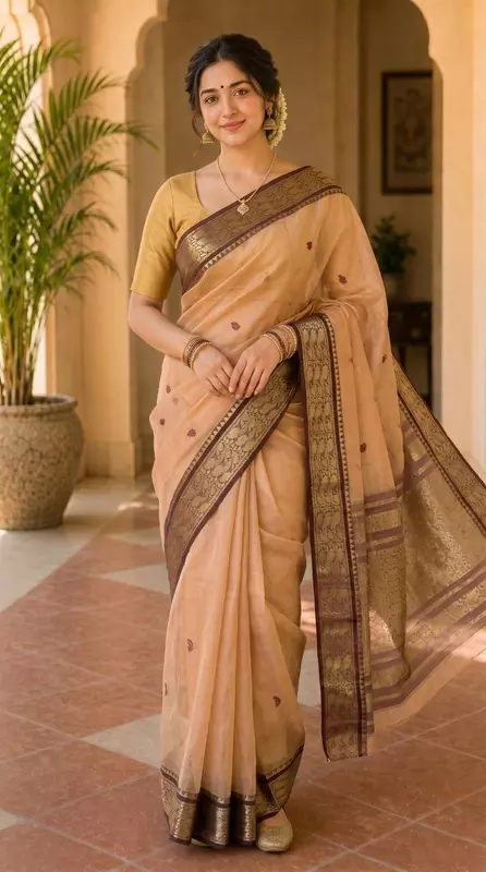 Elegant Peach Silk Saree with Rich Zari Border | Saree without Blouse Piece