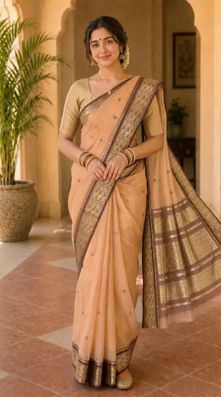 Elegant Peach Silk Saree with Rich Zari Border | Saree without Blouse Piece
