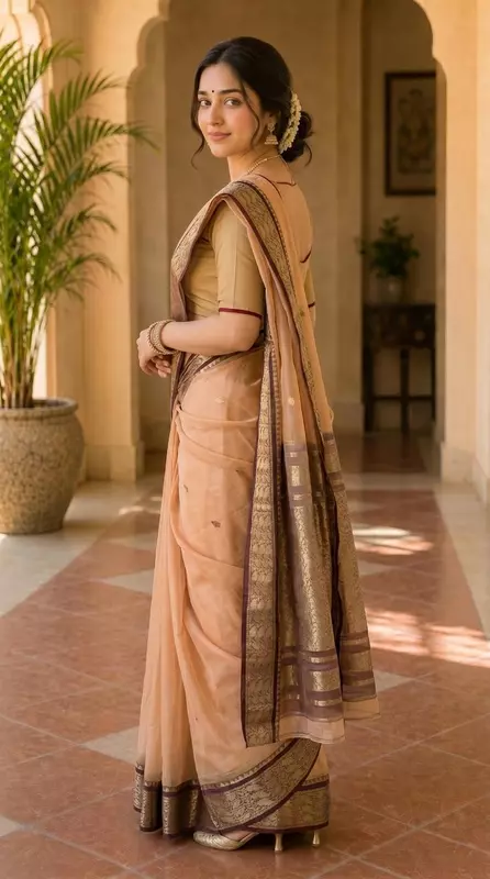 Elegant Peach Silk Saree with Rich Zari Border | Saree without Blouse Piece