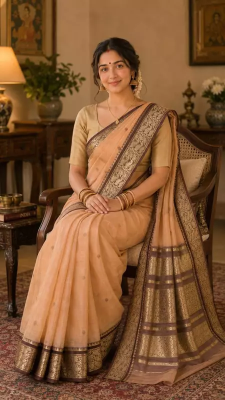 Elegant Peach Silk Saree with Rich Zari Border | Saree without Blouse Piece