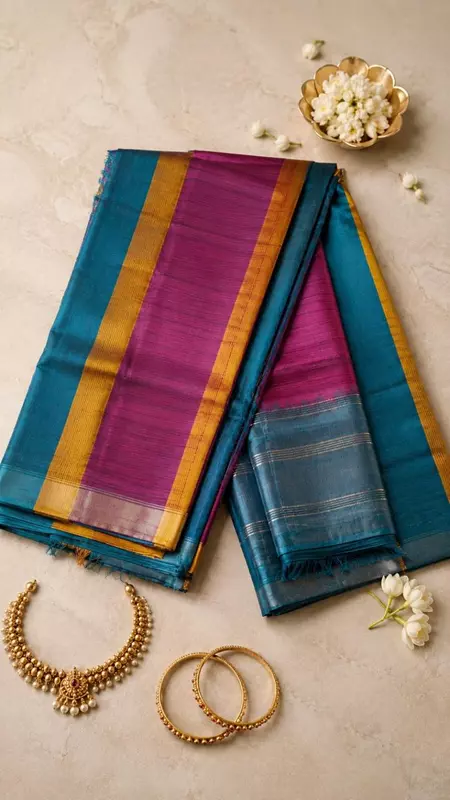 Premium Silk Saree with Teal & Magenta Woven Border | Saree with Blouse Piece