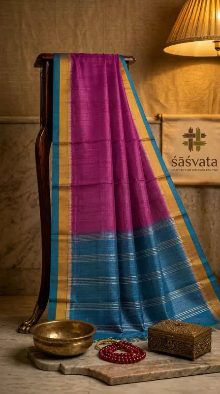 Premium Silk Saree with Teal & Magenta Woven Border | Saree with Blouse Piece