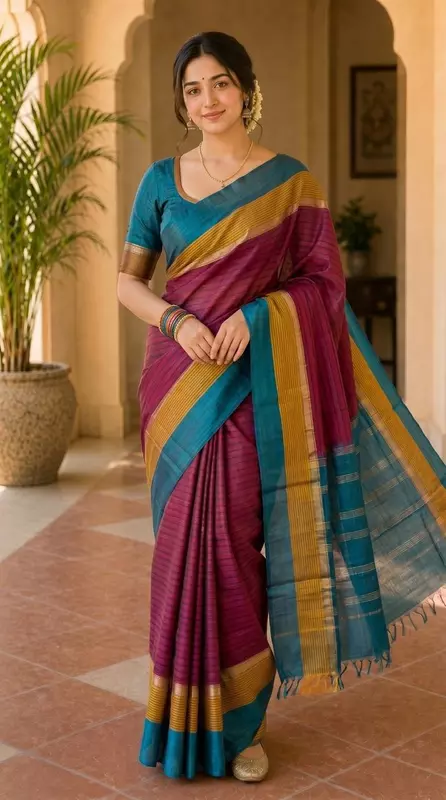 Premium Silk Saree with Teal & Magenta Woven Border | Saree with Blouse Piece