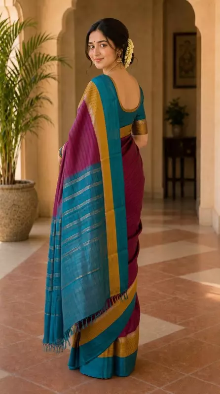 Premium Silk Saree with Teal & Magenta Woven Border | Saree with Blouse Piece