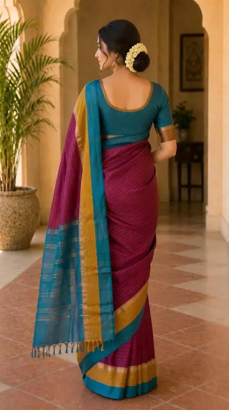 Premium Silk Saree with Teal & Magenta Woven Border | Saree with Blouse Piece