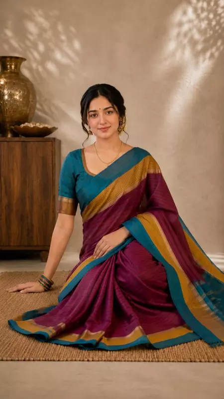 Premium Silk Saree with Teal & Magenta Woven Border | Saree with Blouse Piece