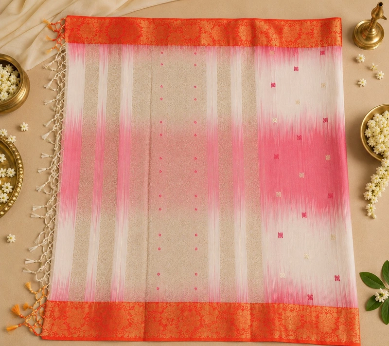 Pink Chanderi Silk Cotton Saree with Woven Zari Border & Blouse Piece