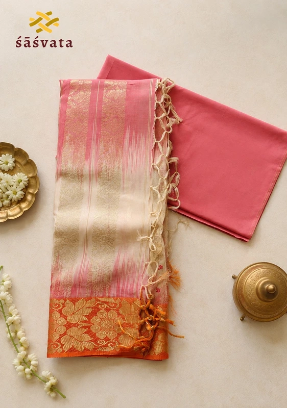 Pink Chanderi Silk Cotton Saree with Woven Zari Border & Blouse Piece