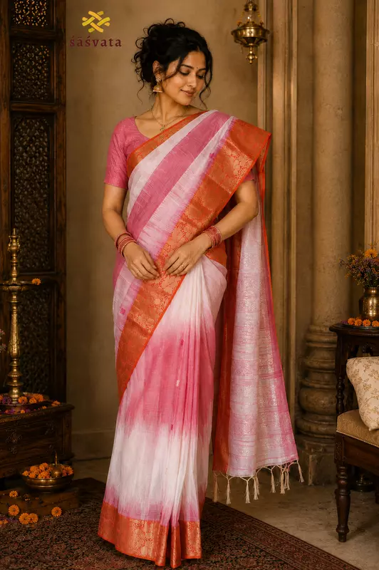 Pink Chanderi Silk Cotton Saree with Woven Zari Border & Blouse Piece