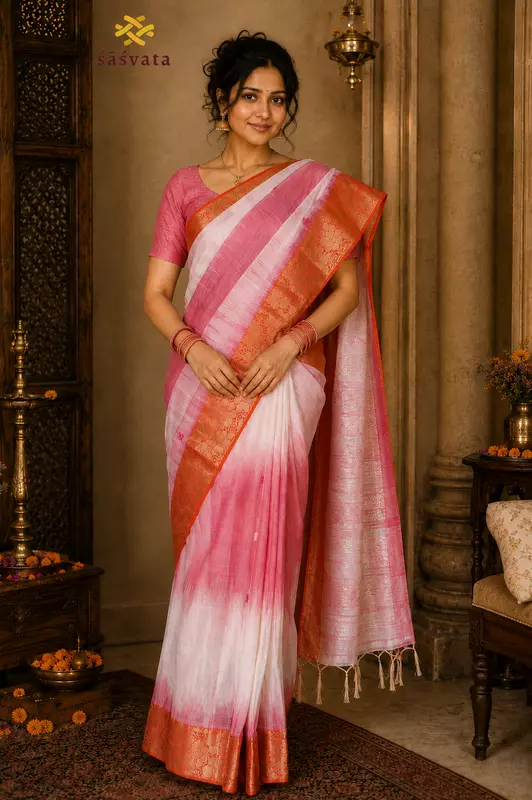 Pink Chanderi Silk Cotton Saree with Woven Zari Border & Blouse Piece