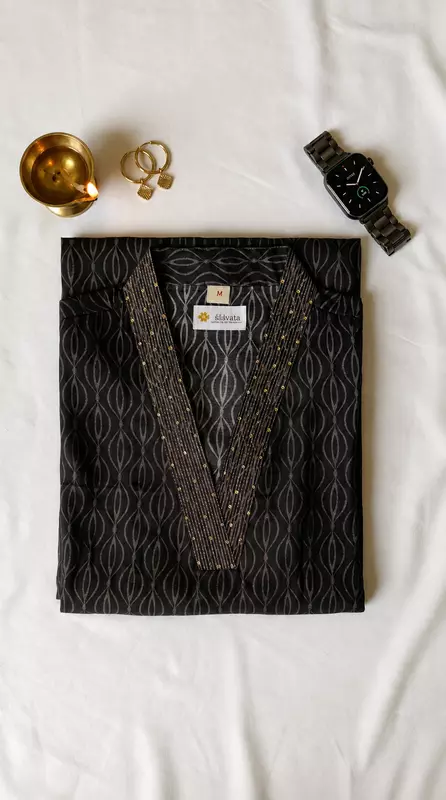 Charcoal Grey Geometric Ikat Printed Cotton Kurta with Embroidered Yoke Detail