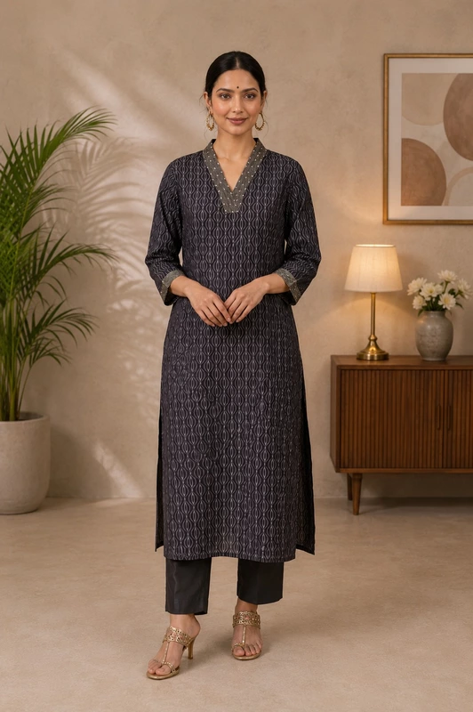 Charcoal Grey Geometric Ikat Printed Cotton Kurta with Embroidered Yoke Detail