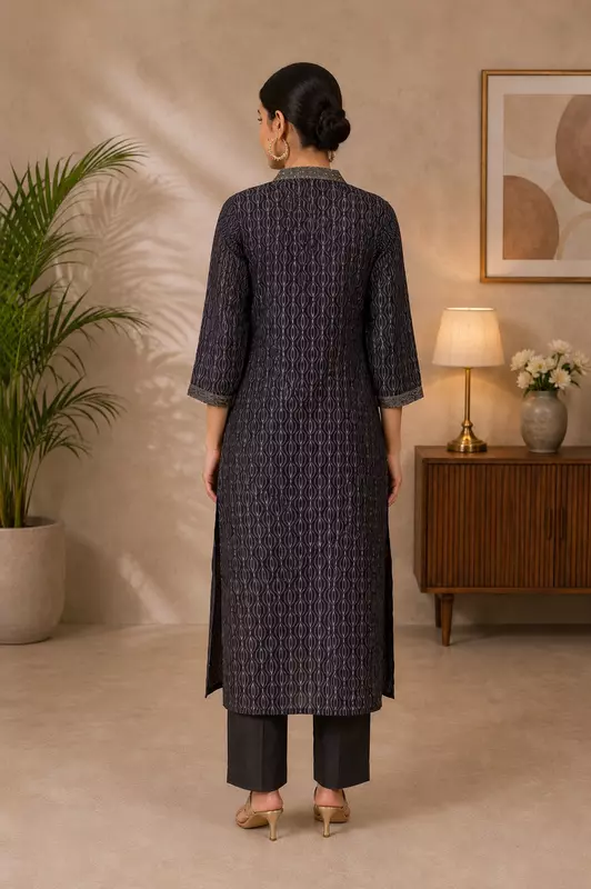 Charcoal Grey Geometric Ikat Printed Cotton Kurta with Embroidered Yoke Detail