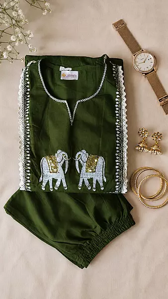 Olive Forest Embroidered Elephant Motif 2-Piece Kurta Pant Set
