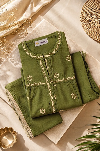 Olive Green Cotton Kurta Set with Delicate White Lace Trim