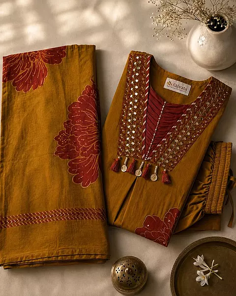Mustard Ochre Cotton Kurta Set with Brick Red Floral Applique & Dupatta – 3-Piece