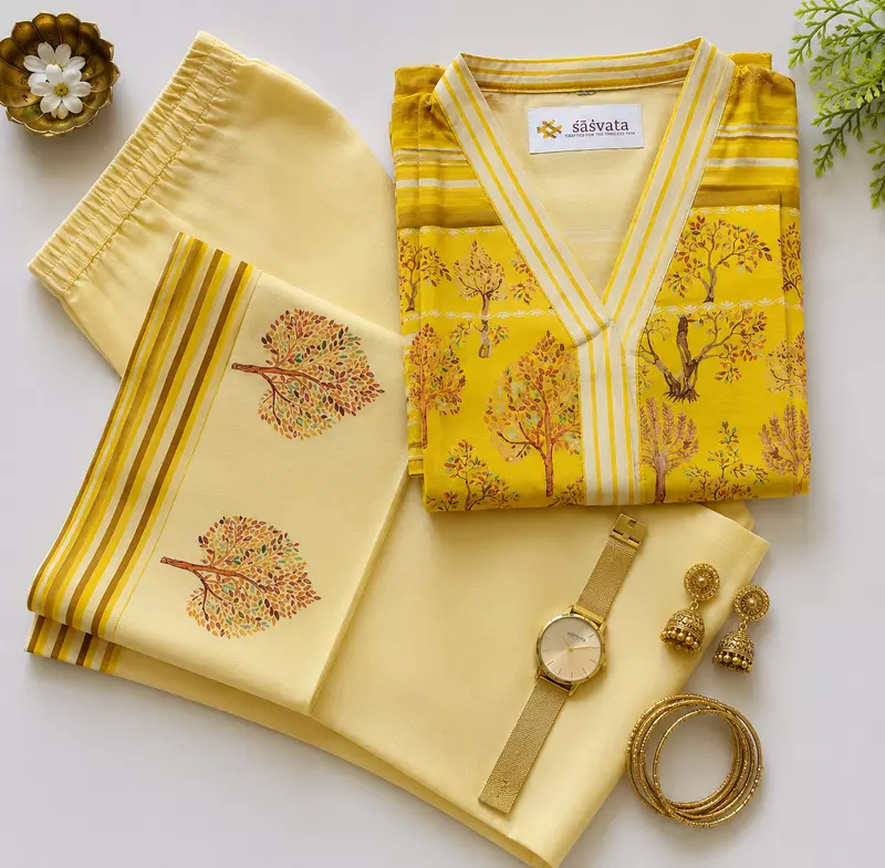 Mustard Yellow Tree of Life Printed Art Silk Kurta Set with Wide-Leg Pants – 2-Piece