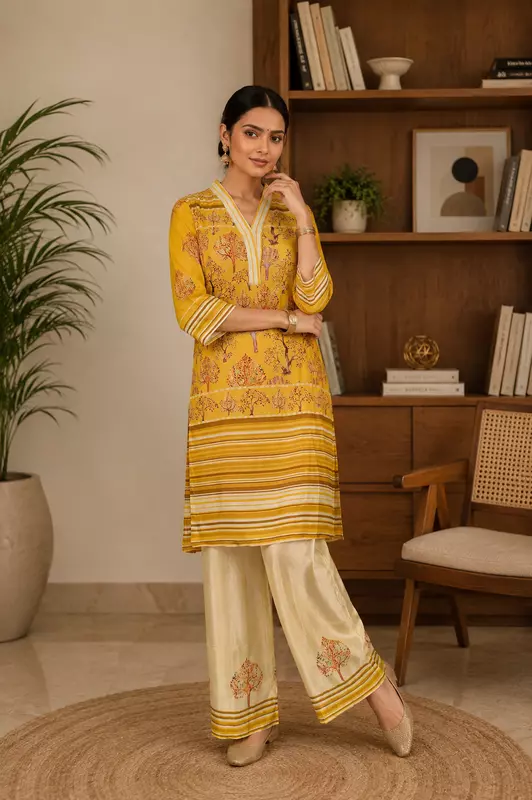Mustard Yellow Tree of Life Printed Art Silk Kurta Set with Wide-Leg Pants – 2-Piece