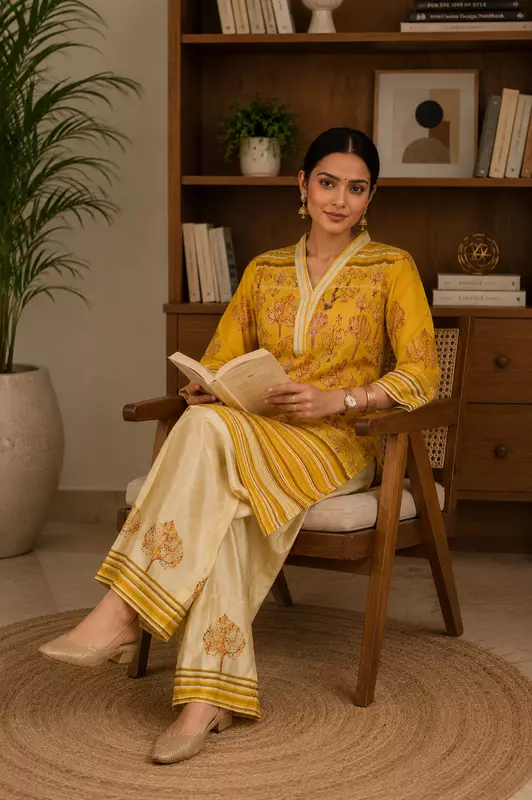 Mustard Yellow Tree of Life Printed Art Silk Kurta Set with Wide-Leg Pants – 2-Piece
