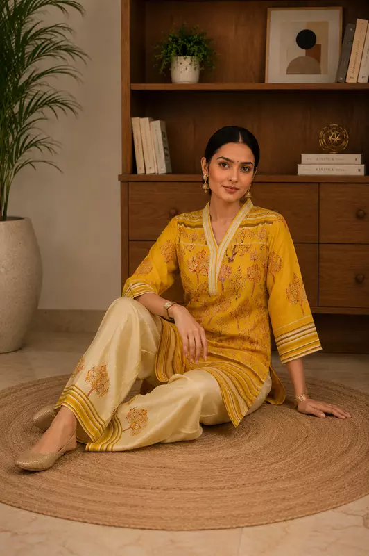 Mustard Yellow Tree of Life Printed Art Silk Kurta Set with Wide-Leg Pants – 2-Piece
