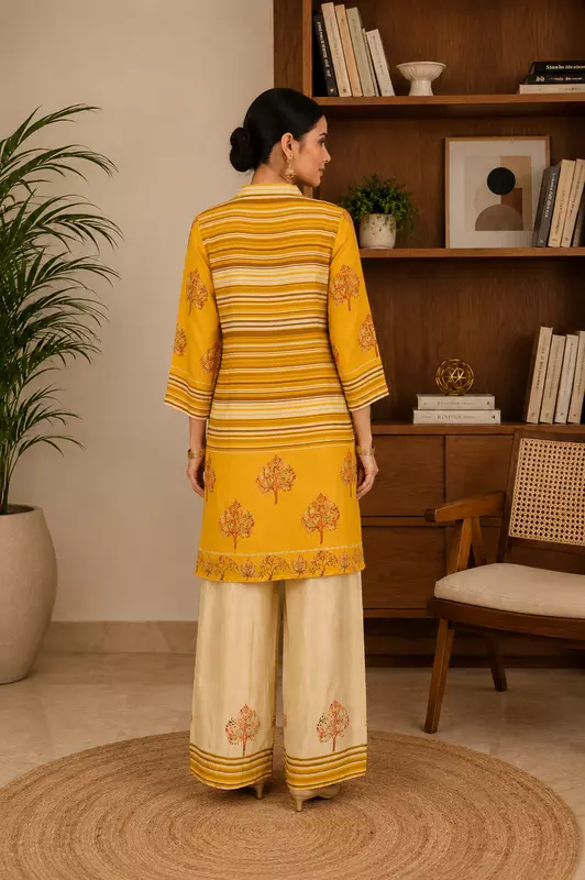 Mustard Yellow Tree of Life Printed Art Silk Kurta Set with Wide-Leg Pants – 2-Piece