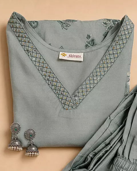 Sage Green Viscose Co-Ord Set with Embroidered Hem and Detailed Sleeves (2-Piece)