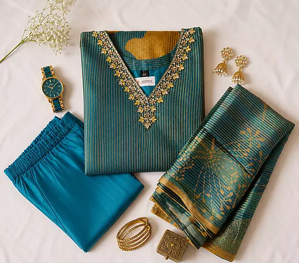 Teal Blue Cotton Silk Kurta Set with Ochre Floral Prints & Dupatta – 3-Piece
