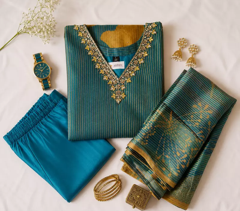 Teal Blue Cotton Silk Kurta Set with Ochre Floral Prints & Dupatta – 3-Piece