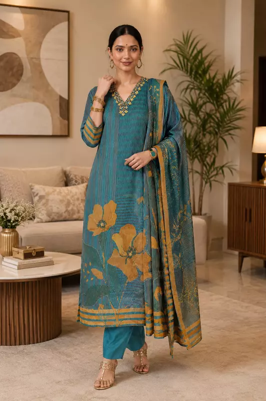 Teal Blue Cotton Silk Kurta Set with Ochre Floral Prints & Dupatta – 3-Piece