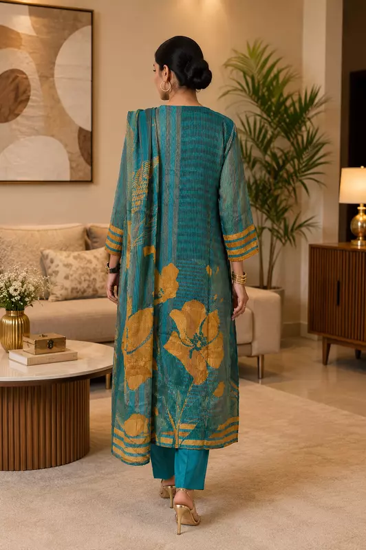 Teal Blue Cotton Silk Kurta Set with Ochre Floral Prints & Dupatta – 3-Piece