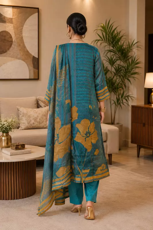 Teal Blue Cotton Silk Kurta Set with Ochre Floral Prints & Dupatta – 3-Piece
