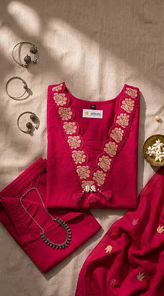 Fuchsia Pink Cotton Kurta Set with Zari Embroidered Borders & Dupatta – 3-Piece