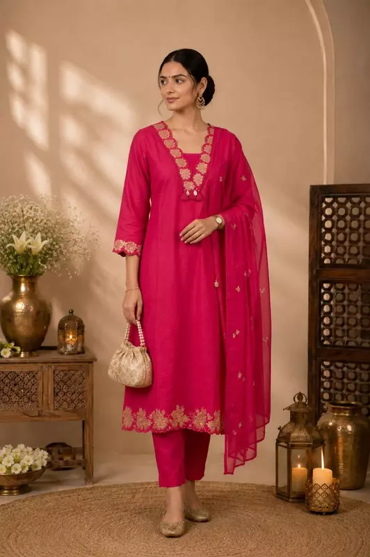 Fuchsia Pink Cotton Kurta Set with Zari Embroidered Borders & Dupatta – 3-Piece